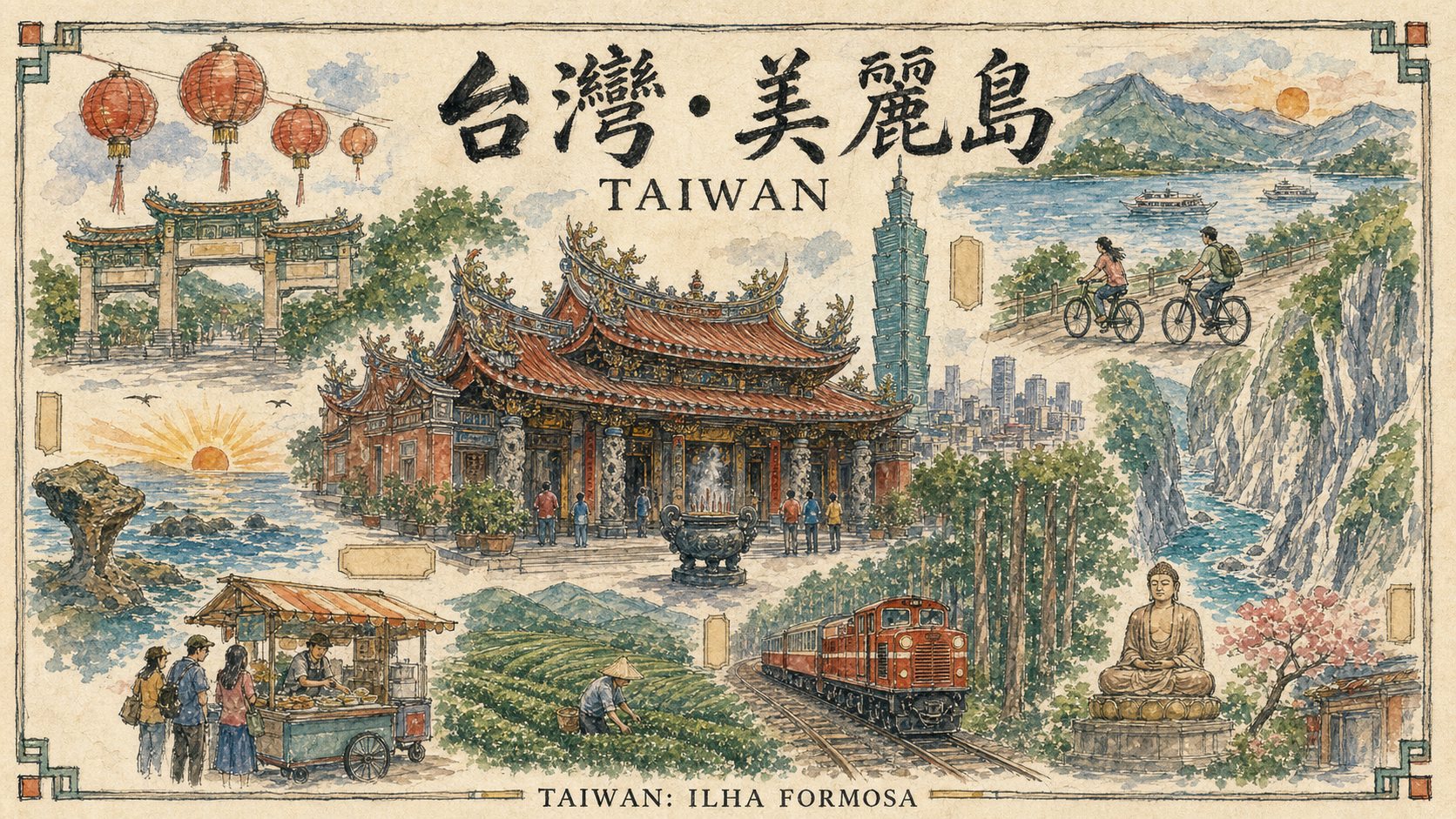 台灣形象圖：台灣美麗島復古旅遊海報橫幅